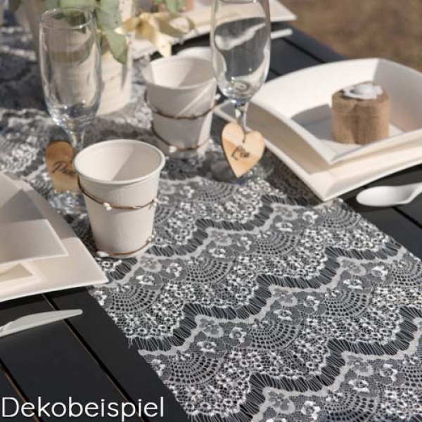 Dekobeispiel Tischläufer Spitze, Boho Chic in Weiß, 30 cm.