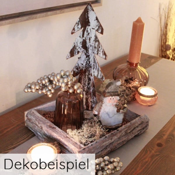 Dekobeispiel mit hellem Rustikalem Holz Tablett mit Baumrinde und Seilhenkel.