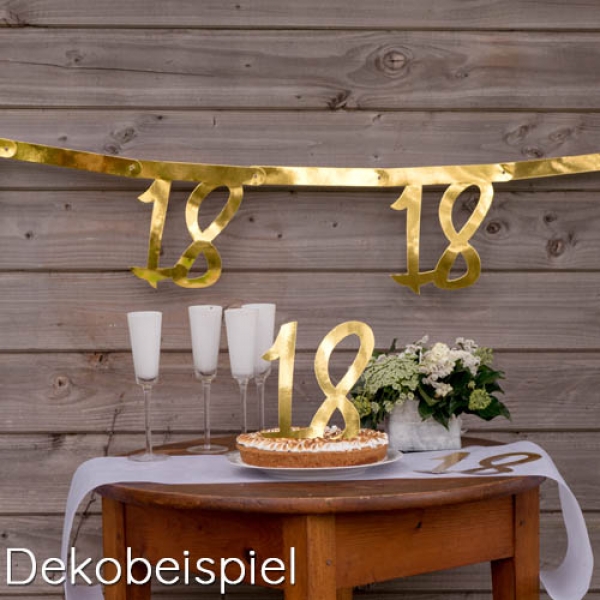 Dekobeispiel für 2,5 Meter Girlande, Geburtstag, Zahl in Gold, 19 cm.