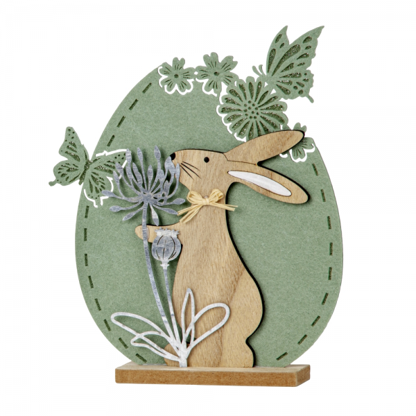 Filz Osterie mit Holz Hase & Metall Blume, in Pisatchio Green, 22,5 cm.