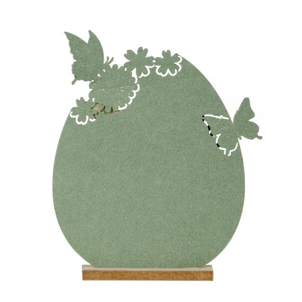 Rueckseite Filz Osterie mit Holz Hase & Metall Blume, in Pisatchio Green, 22,5 cm.