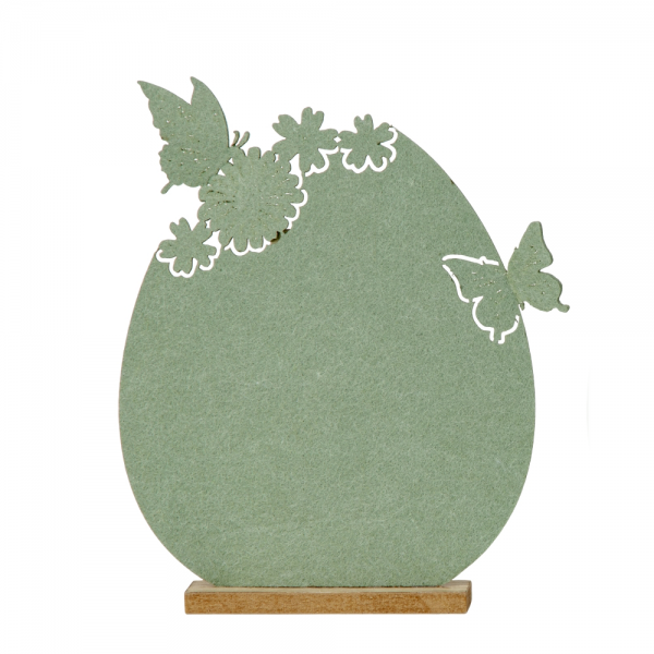 Rueckseite Filz Osterei mit Holz Hase Ohren unten & Metall Blume, in Pisatchio Green, 22,5 cm.