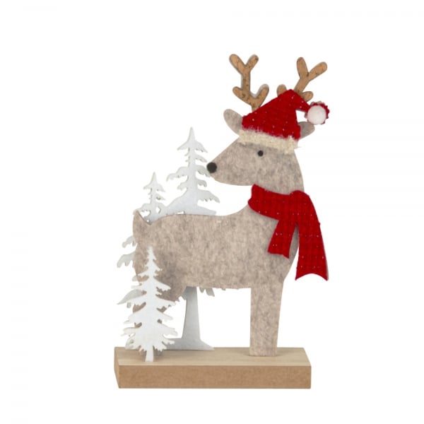 Deko Filz Winter Hirsch mit Mütze & Schal, Blick nach hinten, 17 cm.