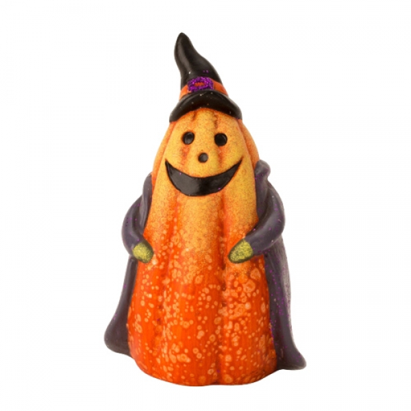 Keramik Kürbis für Halloween, Umhang und Hut mit Glitzer Applikationen, 12 cm