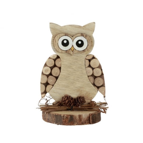 Dekofigur Holz Eule mit Verzierung in Hellbraun, 14 cm, Nr. 2.