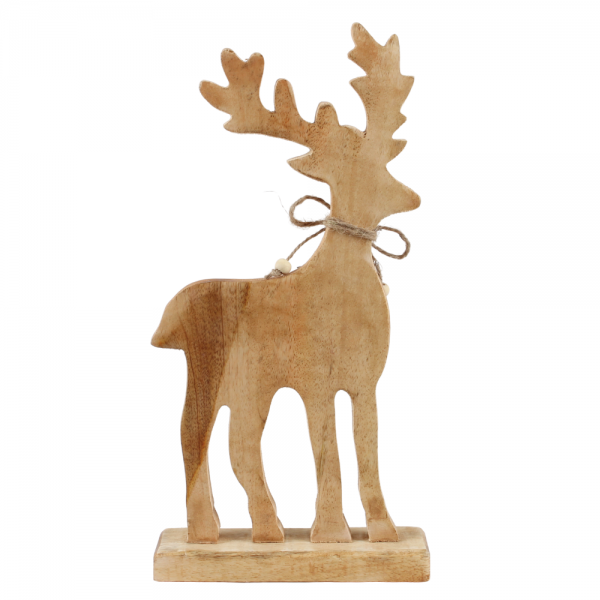 Holz Hirsch mit Sternanhänger, auf Sockel, 32 cm, Rückansicht.