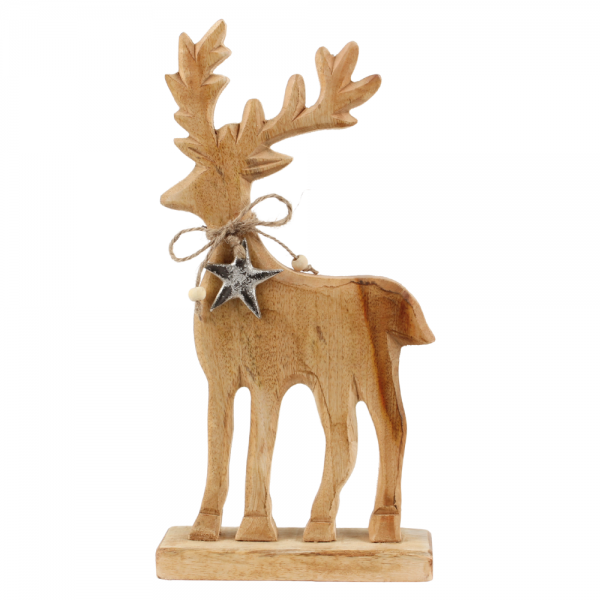 Holz Hirsch mit Sternanhänger, auf Sockel, 32 cm.