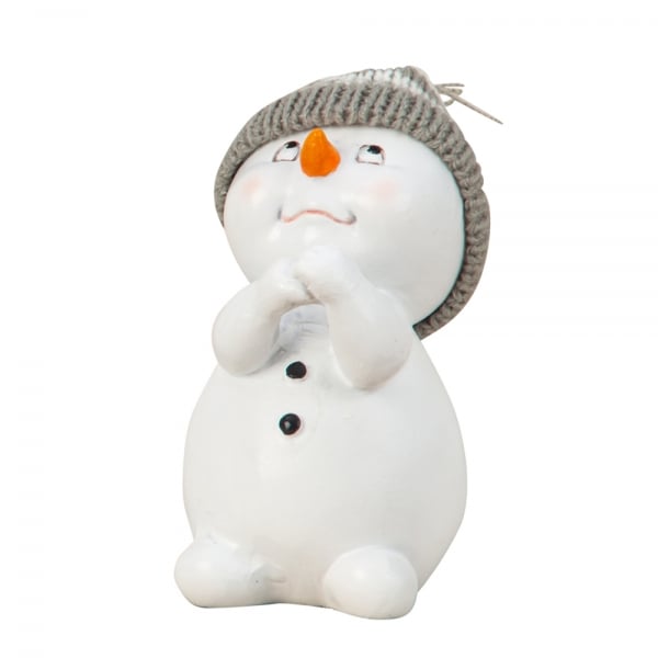 Niedlicher Schneemann mit Strickmütze, Blick nach oben, 12 cm.