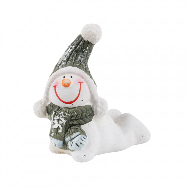 Kleiner Keramik Schneemann auf dem Bauch liegend, 90 mm.