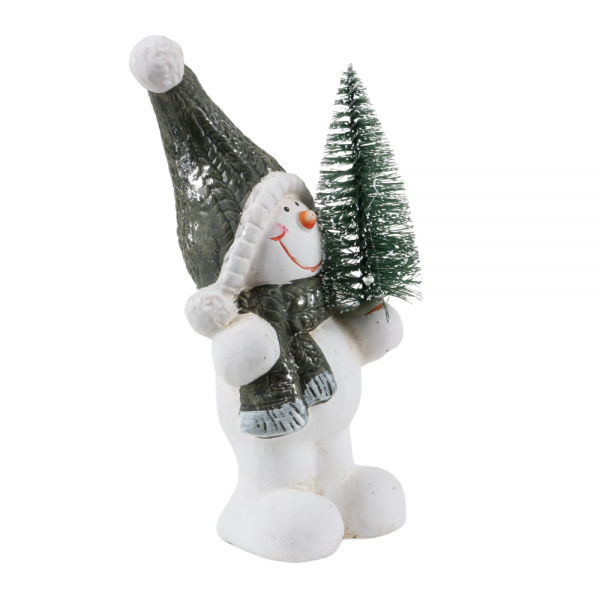 Keramik Schneemann mit Tannenbaum in linker Hand, 16,5 cm.
