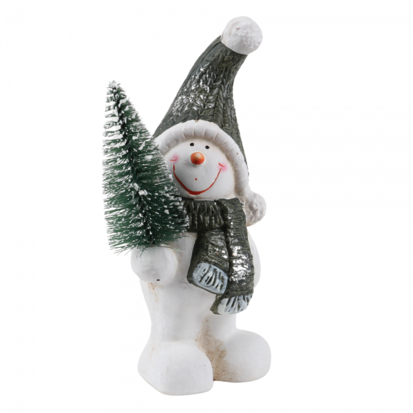 Keramik Schneemann mit Tannenbaum in rechter Hand, 16,5 cm.