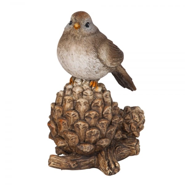 Dekofigur Vogel auf Kiefernzapfen, 10,5 cm.