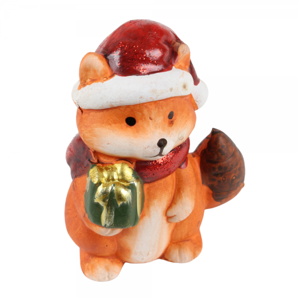 Niedlicher Weihnachts-Deko Fuchs mit Geschenk, 10 cm.