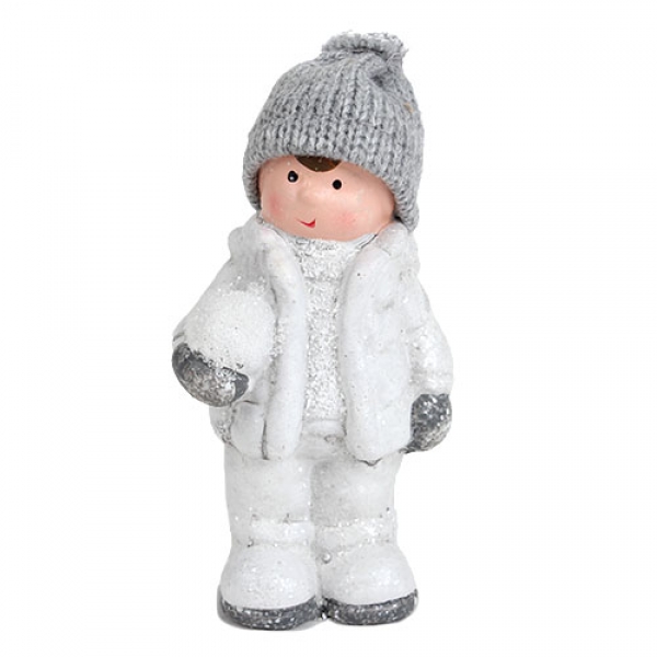 Deko Winter Junge mit Strickmütze und Schneeball in Weiß/Grau glitzernd, 12 cm