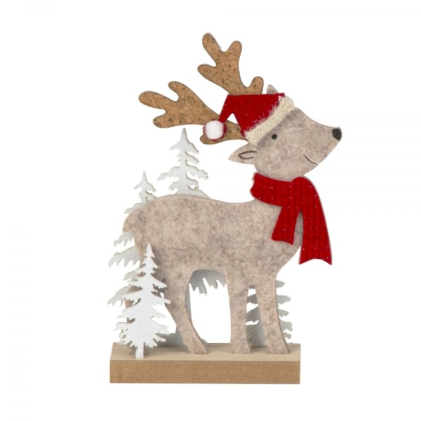 Deko Filz Winter Hirsch mit Mütze & Schal, Blick nach vorne, 18 cm.