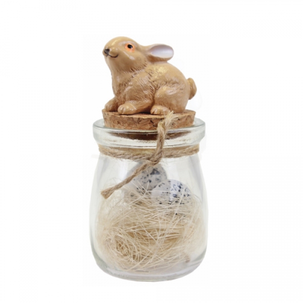 Gastgeschenk, Dekoglas mit Deko-Eiern & Sisalgras gefüllt, Häschen in Braun, 10,5 cm.