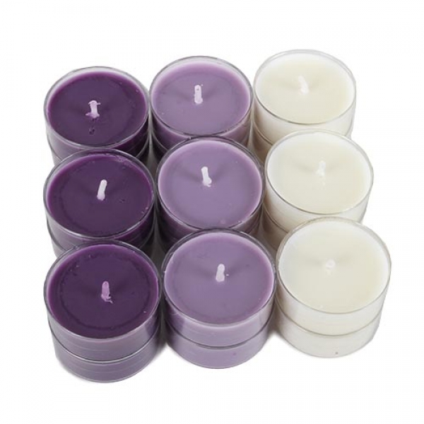 18 Duftteelichter Vanille-Lavendel, transparente Hülle, 4 h Brenndauer.