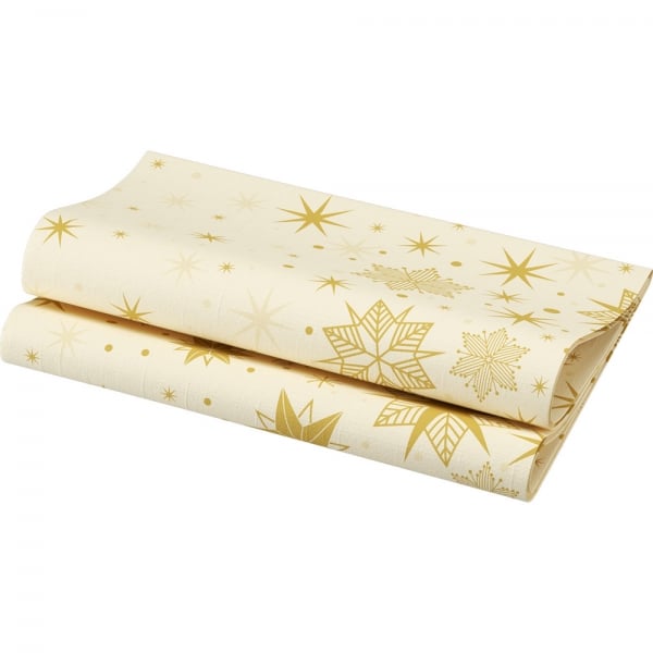 Gefaltete Duni Dunilin Servietten Stargazing Cream mit goldenen Sternen.