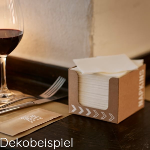 Dekobeispiel für die Duni Spenderbox mit 50 Bio Dunisoft Cocktail Servietten, 20 x 20 cm.