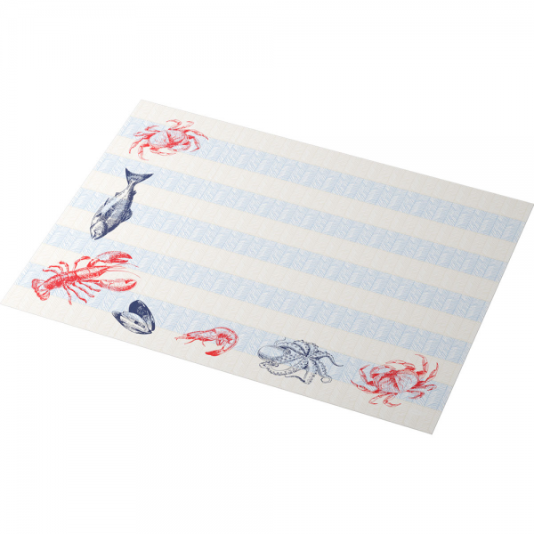 Duni Bio Dunicel® Tischsets Sea Delights, 30 x 40 cm. Maritimes Tischset mit Illustrationen von Hummer, Krabbe und Oktopus auf blau-creme gestreiftem Hintergrund.