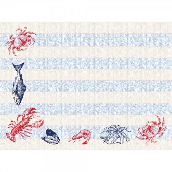 Duni Bio Dunicel® Tischsets Sea Delights, 30 x 40 cm. Maritimes Tischset mit Illustrationen von Hummer, Krabbe und Oktopus auf blau-creme gestreiftem Hintergrund.