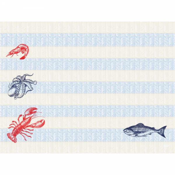 Maritimes Tischset mit Illustrationen von Hummer, Krabbe, Fisch und Oktopus in Rot und Dunkelblau auf blau-creme gestreiftem Hintergrund.