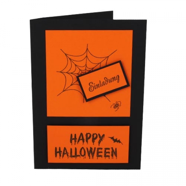 Einladungskarte Happy Halloween, Spinnennetz in Orange/Schwarz.