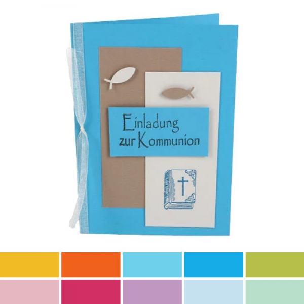 Einladungskarte Kommunion, Maritim, Fische, Bibel in Blau, Hellbraun, Lichtgrau.