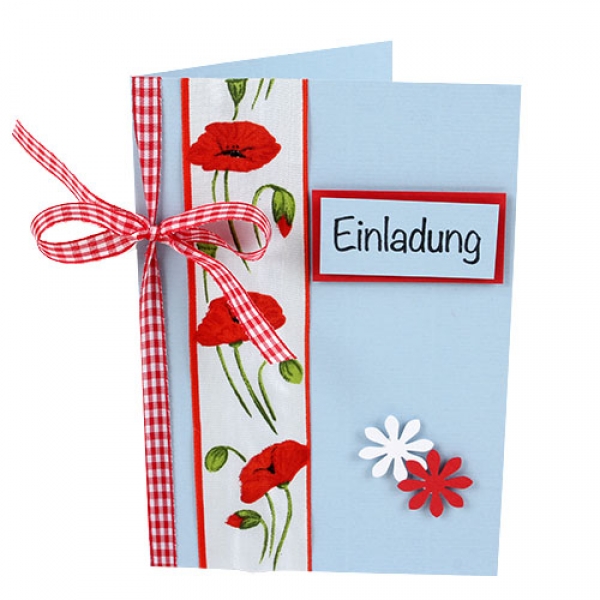 Einladungskarte Mohnblumen in Hellblau/Rot.