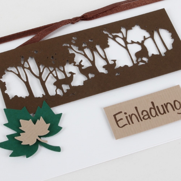 Einladungskarte Herbst, Wald & Wild in Braun/Grün.