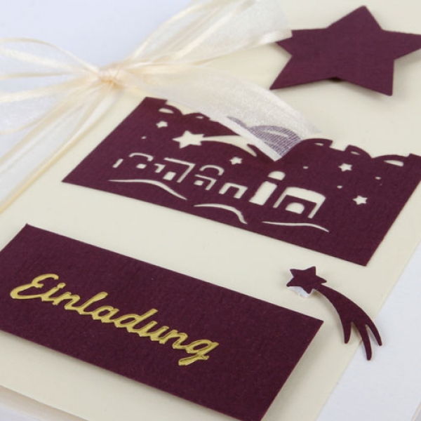 Einladungskarte Weihnachten, Bethlehem in Creme/Aubergine.