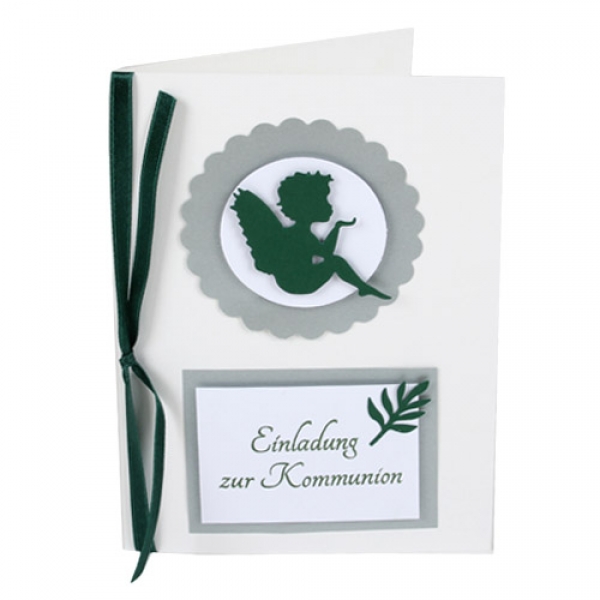 Einladungskarte Kommunion in Weiß/Dunkelgrün mit 6 Motiven zur Auswahl.