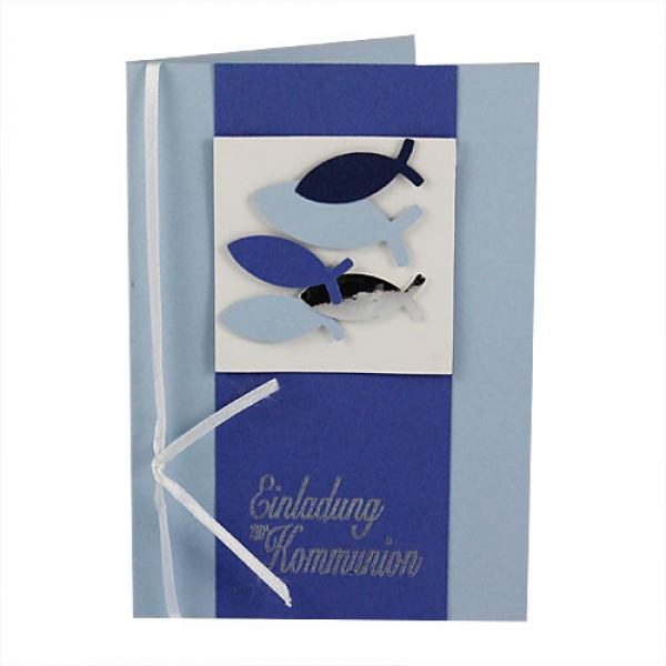 Einladungskarte zur Kommunion in der Farbe Blau mit Fischen.