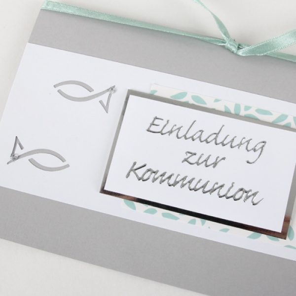 Einladungskarte Kommunion, Fische, in Mint.