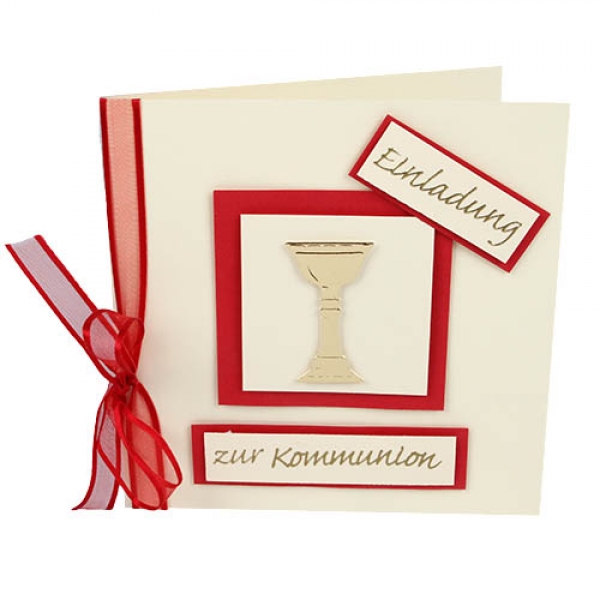 Einladungskarte zur Kommunion in Creme/Rot mit goldenem Kelch.