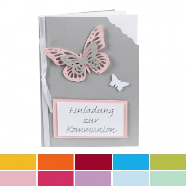 Einladungskarte Schmetterling zur Kommunion in Grau/Rosa.