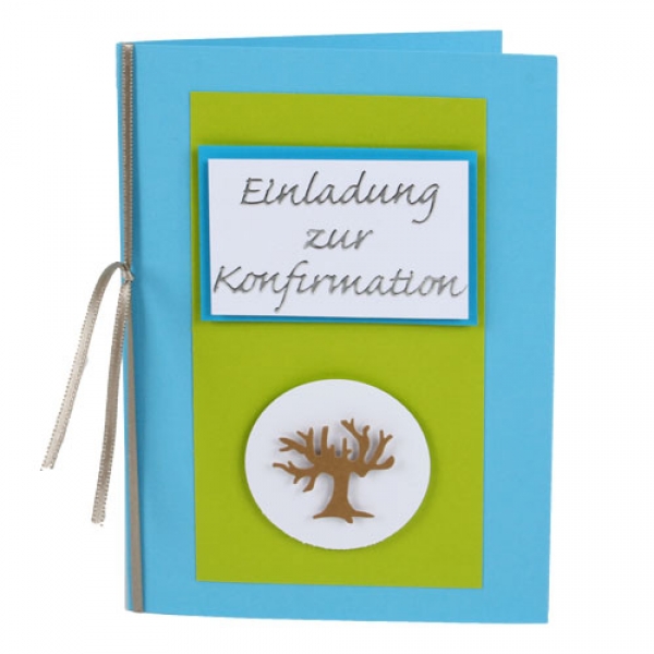 Einladungskarte Konfirmation, Baum in Türkis/Kiwi.