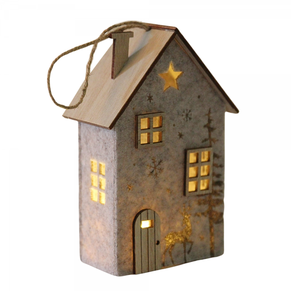 Deko Filz Haus mit Holz Verzierung und LED Beleuchtung, 14 cm.
