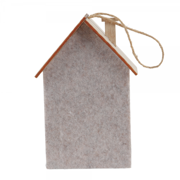 Deko Filz Haus mit Holz Verzierung und LED Beleuchtung, 14 cm, Ansicht Rückseite.