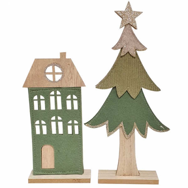 2er Set Filz Weihnachtsbaum und Haus & in Grün, 32 cm/23 cm.