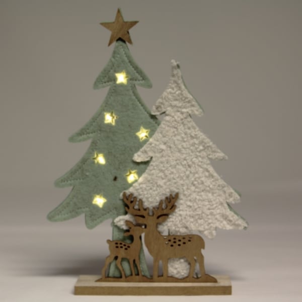 Deko Filz Tannenwald mit Holz Hirsch und Rehkitz mit LED Beleuchtung, 27 cm.