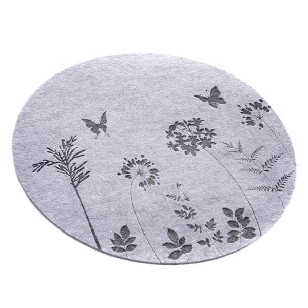 Filz Tischset Wildblumen, Schmetterlinge, rund, in Grau, 38 cm.