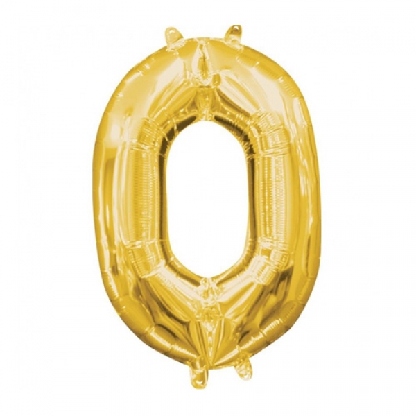 Folien Zahlenluftballon 0 in Gold, ohne Helium verwendbar, 25 x 35 cm.