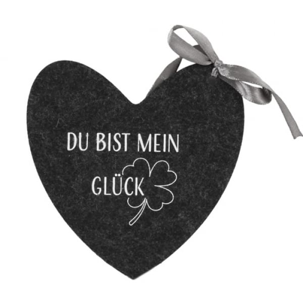 Filz Gastgeschenk, Untersetzer Herz -Du bist mein Glück- in Anthrazit/Weiß, 13 cm.