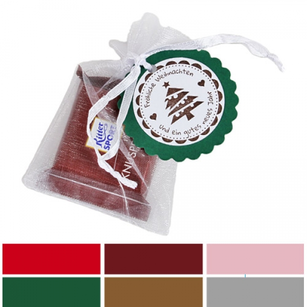 Gastgeschenk Organzasäckchen Fröhliche Weihnachten mit Schokolade, 6 Farben zur Auswahl.