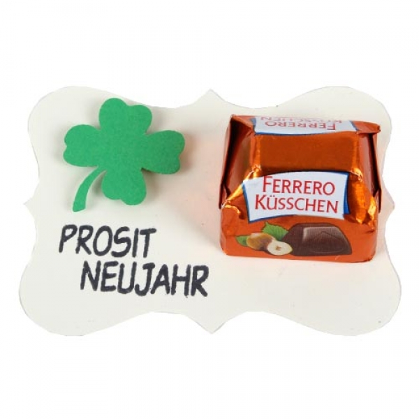 Gastgeschenk Silvester mit Kleeblatt, Schokolade in Elfenbein/Grün