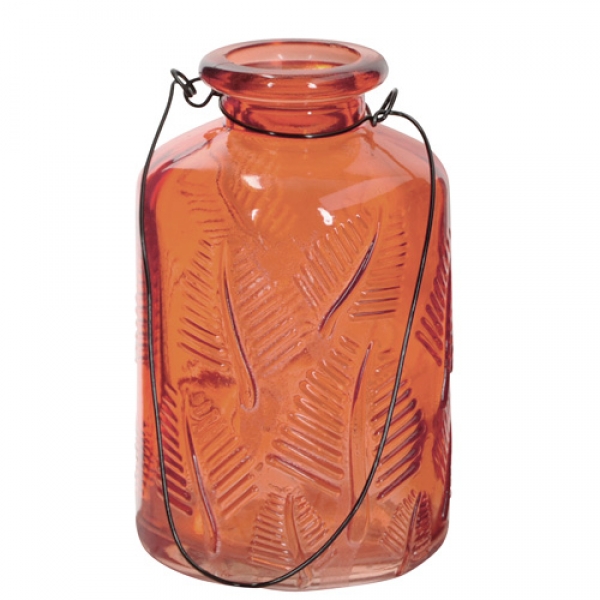 Kleines Glas Flaschen Väschen mit Henkel, Blättermotiv in Orange, 10 cm.