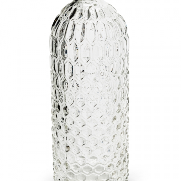 Nahaufnahme von der Glas Flaschen Vase Vintage mit Wabenmuster, klar, 20 cm.