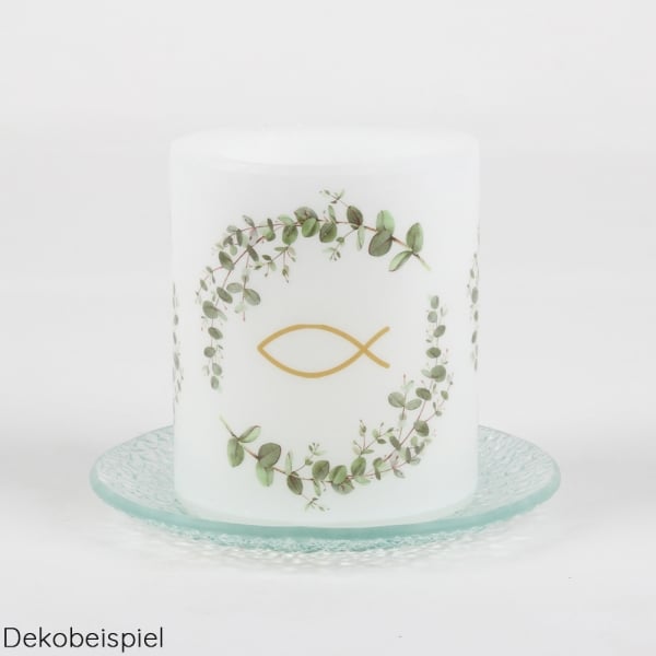 Dekobeispiel mit einer Motiv-Tischkerze von dem Glas Kerzenteller rund mit Struktur, 11,7 cm.