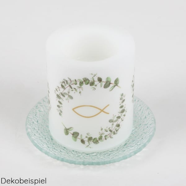 Dekobeispiel mit einer Motiv-Tischkerze von dem Glas Kerzenteller rund mit Struktur, 11,7 cm.